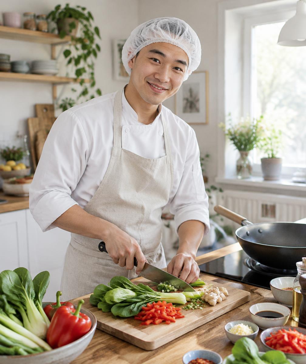 Ung Food Prepper hackar grönsaker i ett hemkök