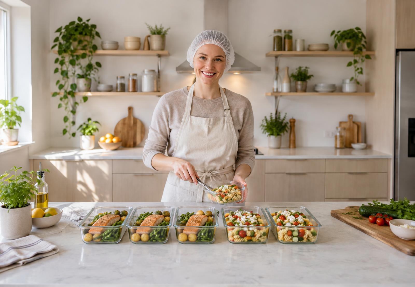 En Food Prepper portionerar hemlagade rätter i matlådor i ett hemkök